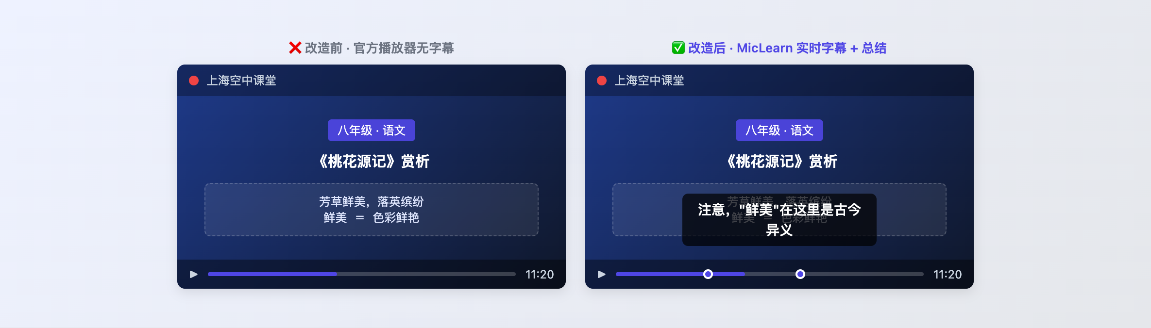 MicLearn 前后对比：左侧原始网课无字幕，右侧安装后字幕显示在视频旁